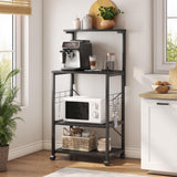 Bestier 4-Tier Black Kitchen Bakers Rack with Pull-Out Shelf & Hooks on Wheels Bestier