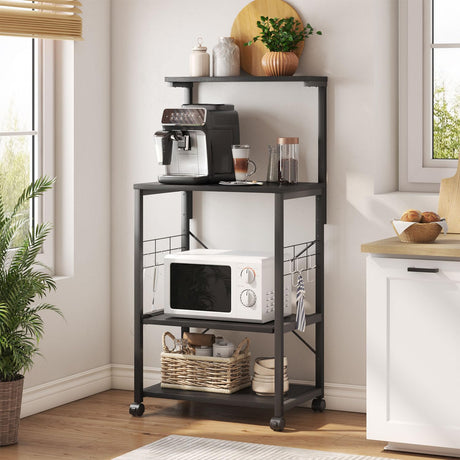 Bestier 4-Tier Black Kitchen Bakers Rack with Pull-Out Shelf & Hooks on Wheels Bestier