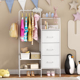 SWTYMIKI Dresser with Hanging Rack - 3 Fabric Drawers Kids Dresser for Bedroom - Reversible Tall Storage Tower, Small Space Clothes Storage Organizer Cabinet for Apartment, Dorm 49.21''H, White SWTYMIKI