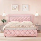 HOMBCK Queen Bed Frame, Upholstered Bed Frame Queen Size with Diamond Tufted Headboard, Faux Leather Headboard & Footboard, Wooden Slats Support, No Box Spring Needed, Easy Assembly, Pink HOMBCK