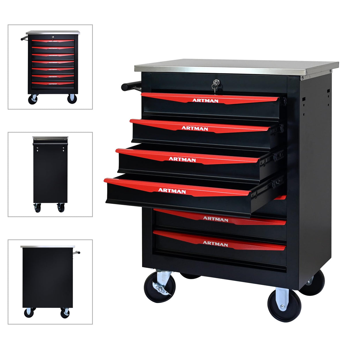 7 Drawers Rolling Tool Chest, Tool Storage Cabinet with Wheels Rolling Tool Cart with 7 Drawers, Rolling Tool Box Organizer, Metal Tool Cart for Garage Workshop Black and Red, Stainless Steel Top CHD