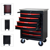 7 Drawers Rolling Tool Chest, Tool Storage Cabinet with Wheels Rolling Tool Cart with 7 Drawers, Rolling Tool Box Organizer, Metal Tool Cart for Garage Workshop Black and Red, Stainless Steel Top CHD