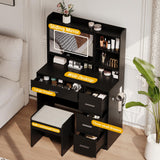 Viaozutis Vanity Desk with a Mirror and Lights，with Chair and Four Drawers, Three Adjustable Lighting Modes，with Power Outlet and Sliding LED Mirror,Bedroom Vanity Desk (Black) Viaozutis