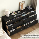 63'' Long Dresser for Bedroom, Double Wide Dresser 6 Drawer Dresser with 14 Organized Compartments, Modern Black Wood Dresser 6 Drawer with Glass Handles, Extra Large Chest of Drawers for Bedroom Gyfimoie