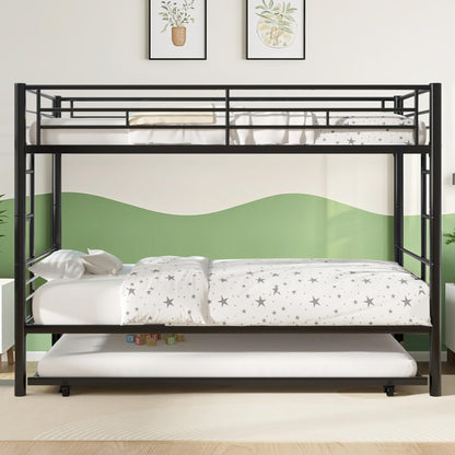 VECELO Twin Over Twin Bunk Bed with Trundle, Convertible Metal Bunkbeds with 2 Ladders and Guardrails, Space Saving, No Box Spring, Black