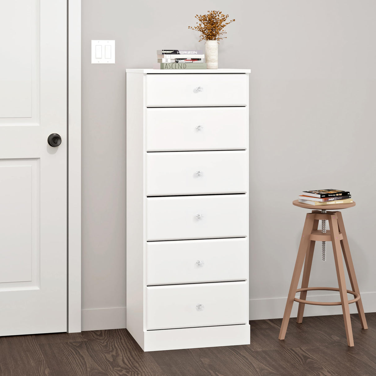 Prepac Astrid Simplistic 6-Drawer Tall Dresser for Bedroom, Functional Chest of Drawers with Acrylic Knobs, 16.5"D x 19.75"W x 50"H, White Prepac