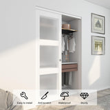 JUBEST Sliding Closet Door 48"(Double 24.5")x80", 3-Lite Frosted Glass Bypass Door with Hardware Kit & Matching Fascia, Pre-Drilled Solid Wood Slab with Water-Proof PVC Surface, Easy to Install, White JUBEST