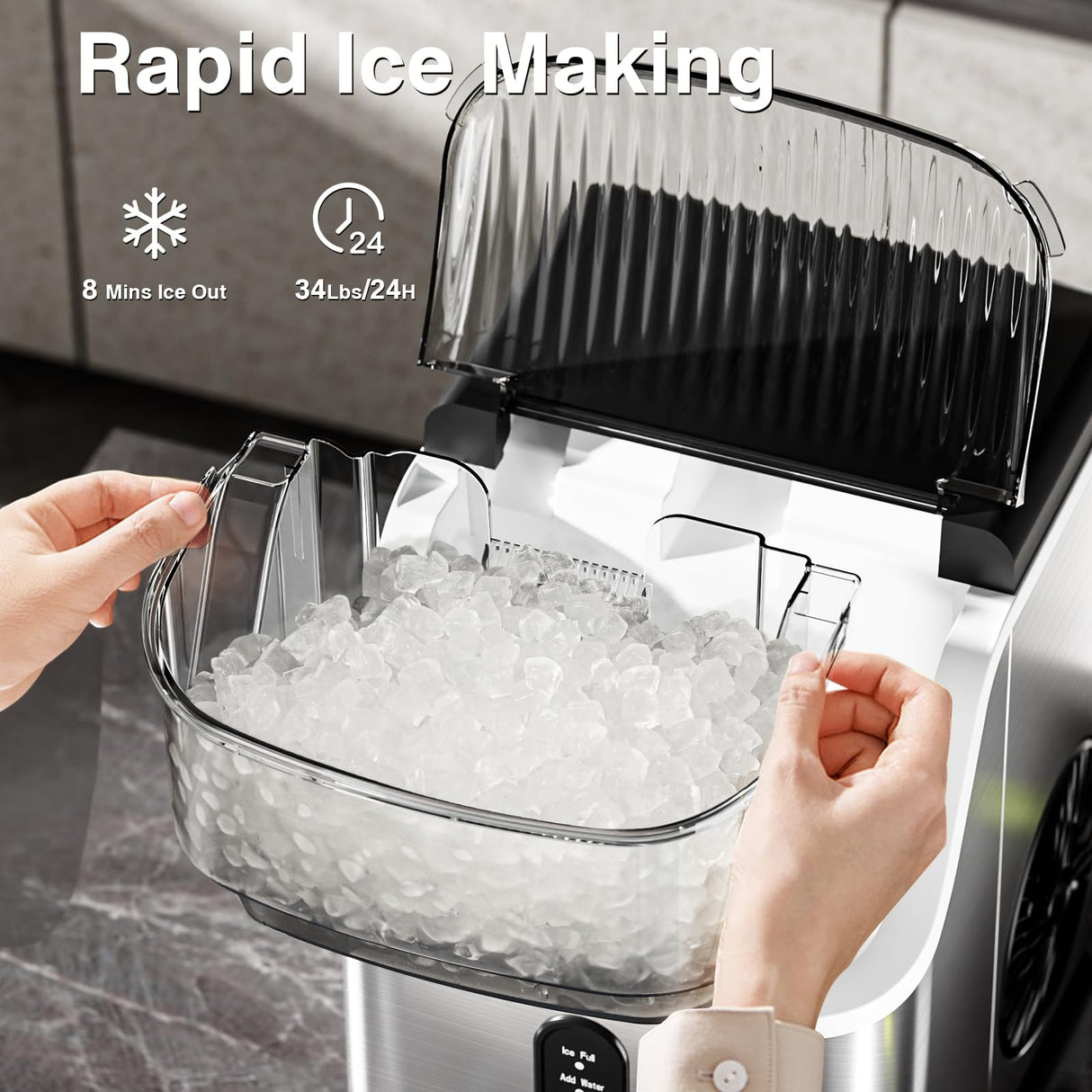Nugget Ice Makers Countertop, Pebble Ice Machine with Chewable Pellet Ice, 34Lbs/24H, Self-Cleaning, Sonic Ice, One-Click Operation, for Kitchen,Office Stainless Steel Silver Antarctic Star