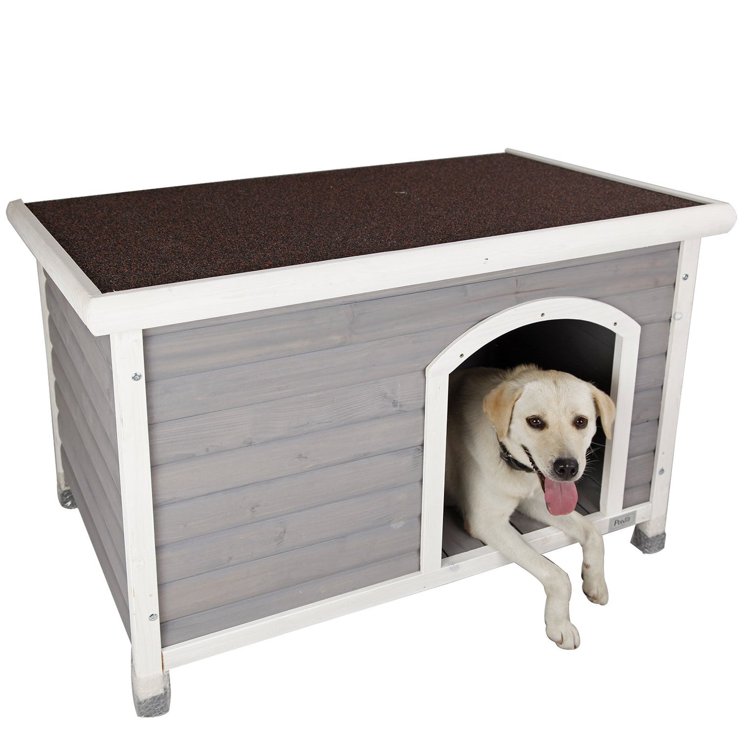 Petsfit Wooden Dog House,Outdoor Pet Kennel, Solid Wood, Weather Proof, Light Grey, Medium/40.8 X 26 X 27.6 Inch - WoodArtSupply