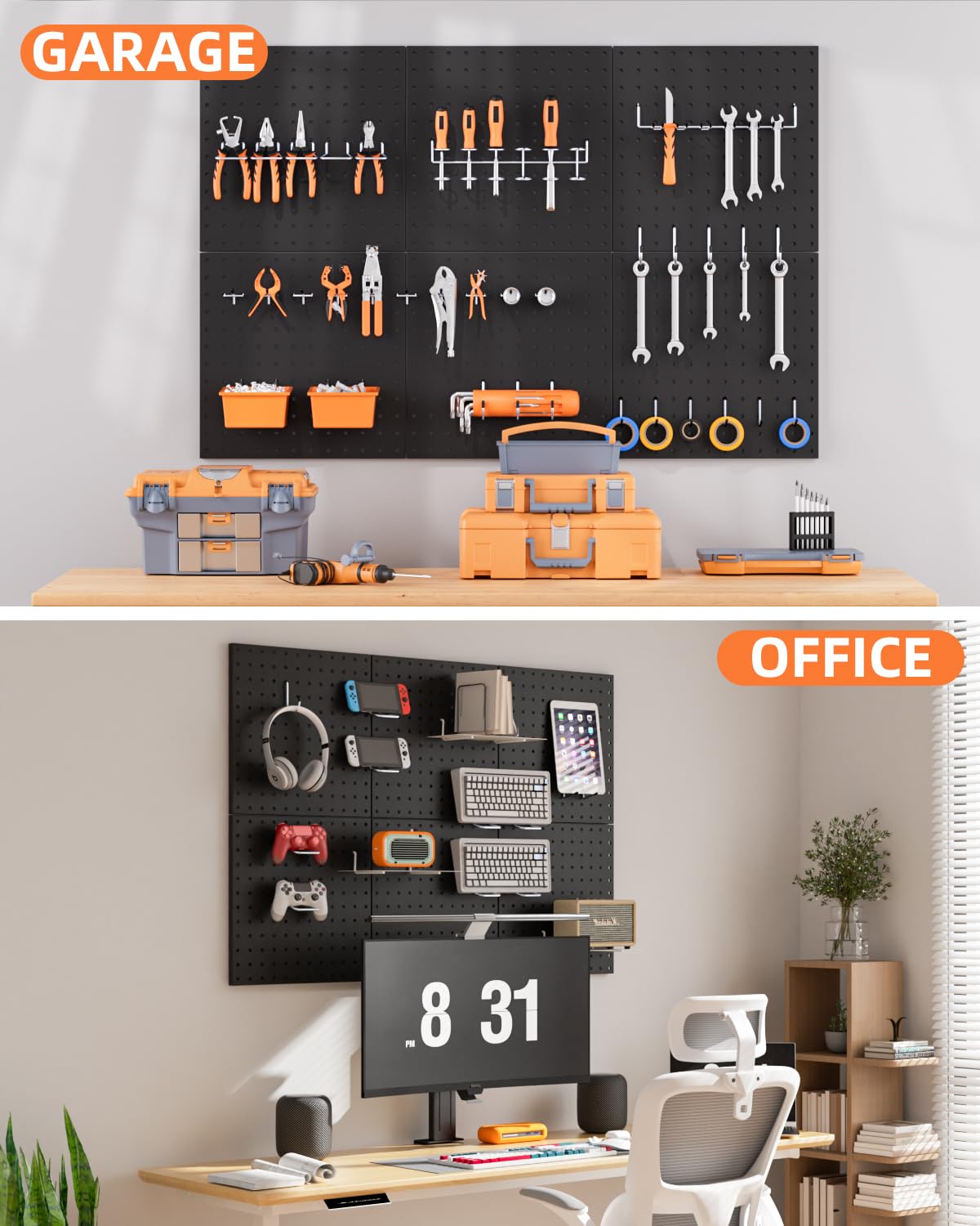 INCLY 6 Pack 12"x12" Black Metal Pegboard Panels, Heavy Duty Pegboard Wall Organizer with Frame, Black Peg Board for Walls, Garage, Workbench, Shed, Kitchen, Craft Room Tool Organization INCLY