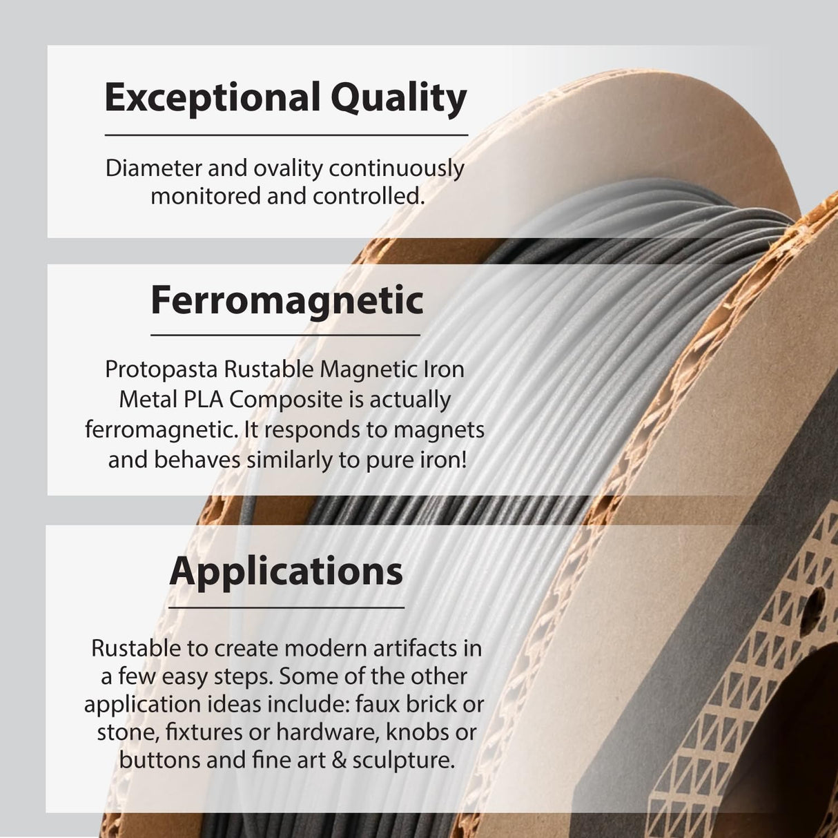 Protopasta Ferromagnetic Iron PLA 3D Printer Filament | ProtoPlant Metal-Filled PLA Plastic Printer Filament with 45% Iron | Patina Friendly Metal Composite Filament | 500g Metallic Spool Proto-Pasta