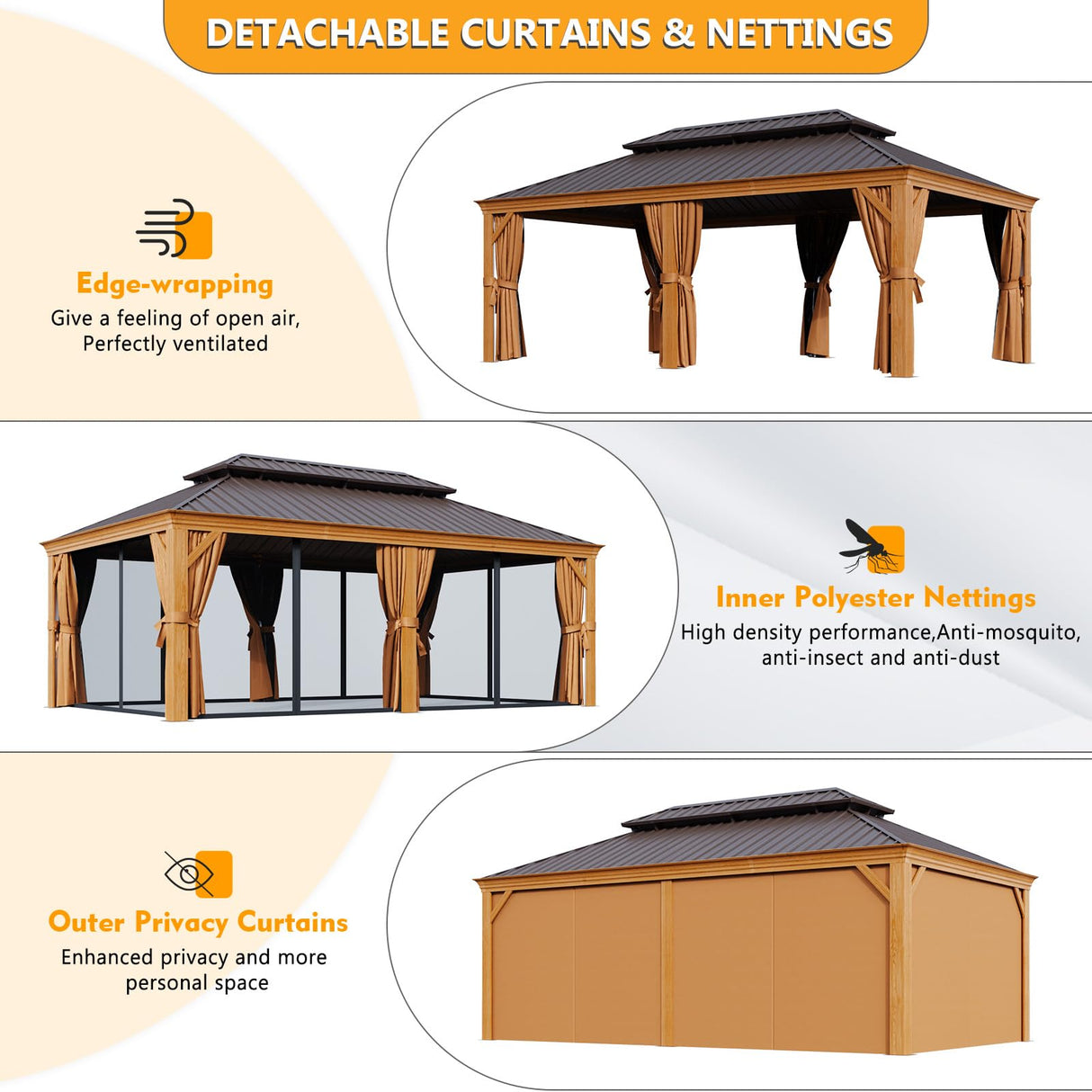 Jolydale 12' x 20' Gazebo, Wooden Finish Coated Aluminum Frame Canopy, Galvanized Steel Double Top, Outdoor Permanent Metal Pavilion with Privacy Curtains and Netting, for Patio, Deck and Backyard Jolydale