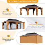 Jolydale 12' x 20' Gazebo, Wooden Finish Coated Aluminum Frame Canopy, Galvanized Steel Double Top, Outdoor Permanent Metal Pavilion with Privacy Curtains and Netting, for Patio, Deck and Backyard Jolydale