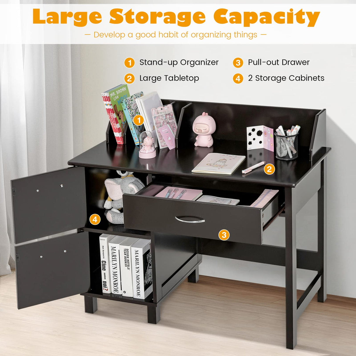 HONEY JOY Kids Desk and Chair Set, Wooden Children School Study Table and Chair w/Drawer, Storage Shelf & Cabinets, Student Computer Workstation Writing Desk for Bedroom, 3-8 Years Old (Dark Brown) HONEY JOY