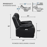 Lexicon Power Recliner Chair, Faux Leather Upholstered Home Theater Seating with LED Lighting, USB Charging Ports, Single Wall Hugger Reclining Chair for Living Room/Bedroom Easy Assembly, Black Lexicon