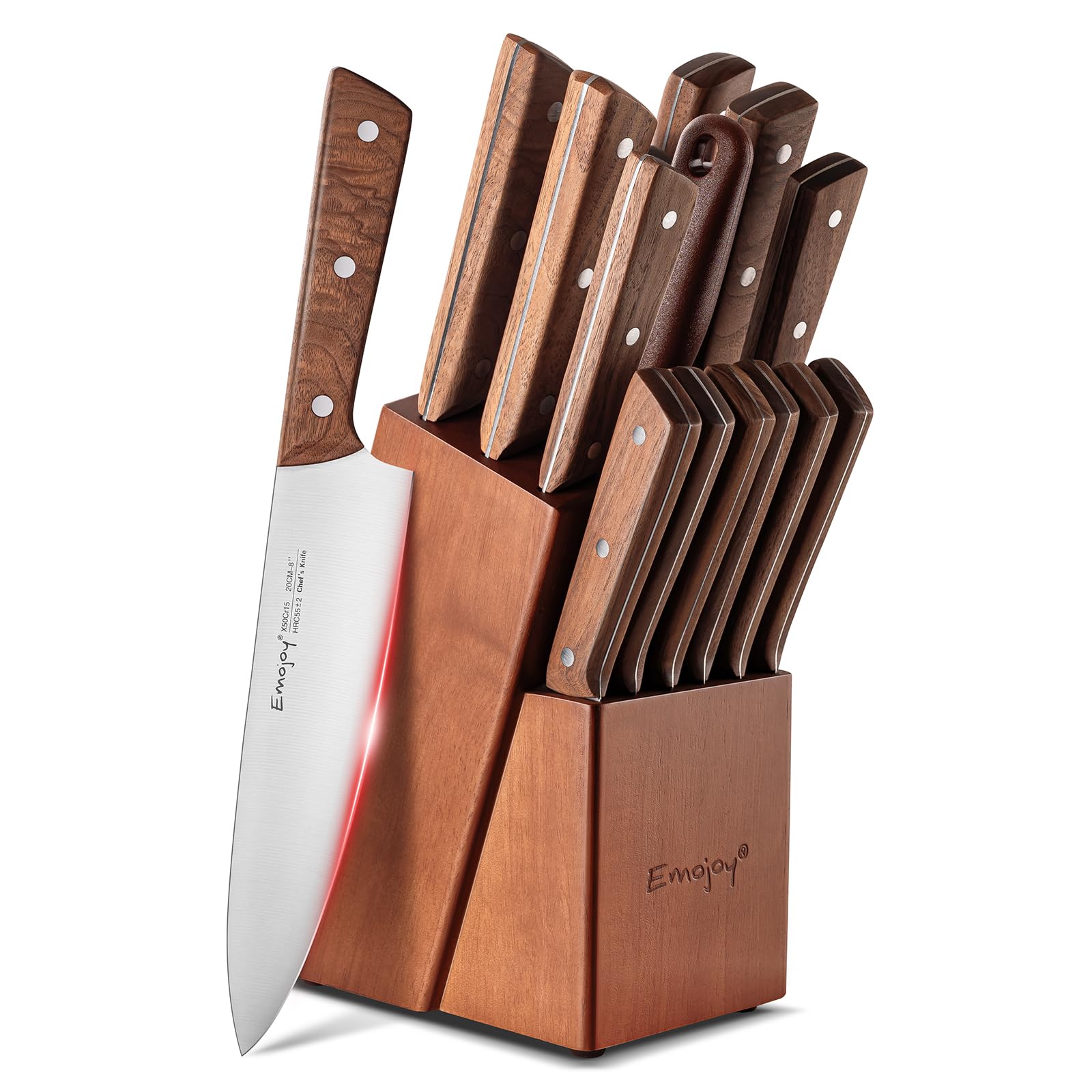 Emojoy Knife Set, 15-Piece Kitchen Knife Set with Block Wooden, Kitchen Knives Sharpener and Scissors German Stainless Steel (Brown) - WoodArtSupply