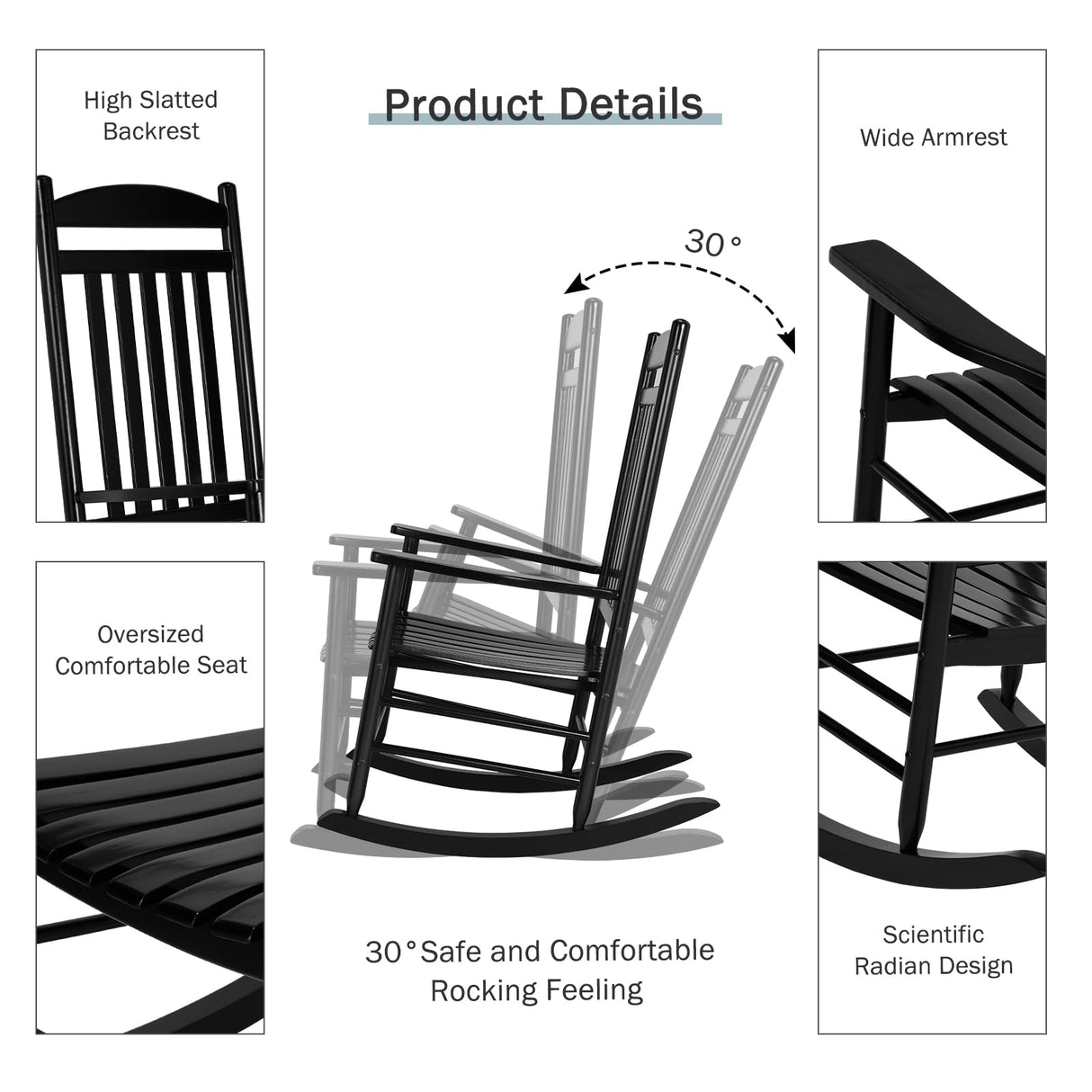 MAMIZO Soild Wood Outdoor Rocking Chair with High Back, Porch Rocking Chairs Oversized Easy to Assemble for Porch Garden, Lawn, Balcony, Backyard, Wooden Rocking Chair Outdoor and Indoor (Black) MAMIZO