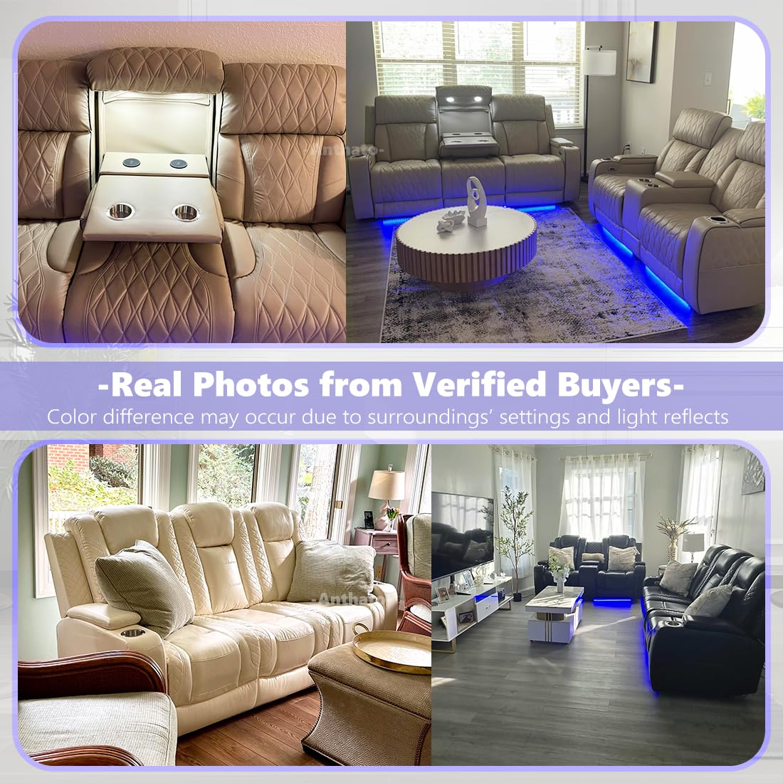 Anthato Leather Power Recliner Sofa Set, Living Room Furniture Sets, 2 Piece Reclining Sofa Set with LED, Black Recliner Furniture with Arm Storage/Cup Holders/Charging Ports for Home Theater/Office Anthato