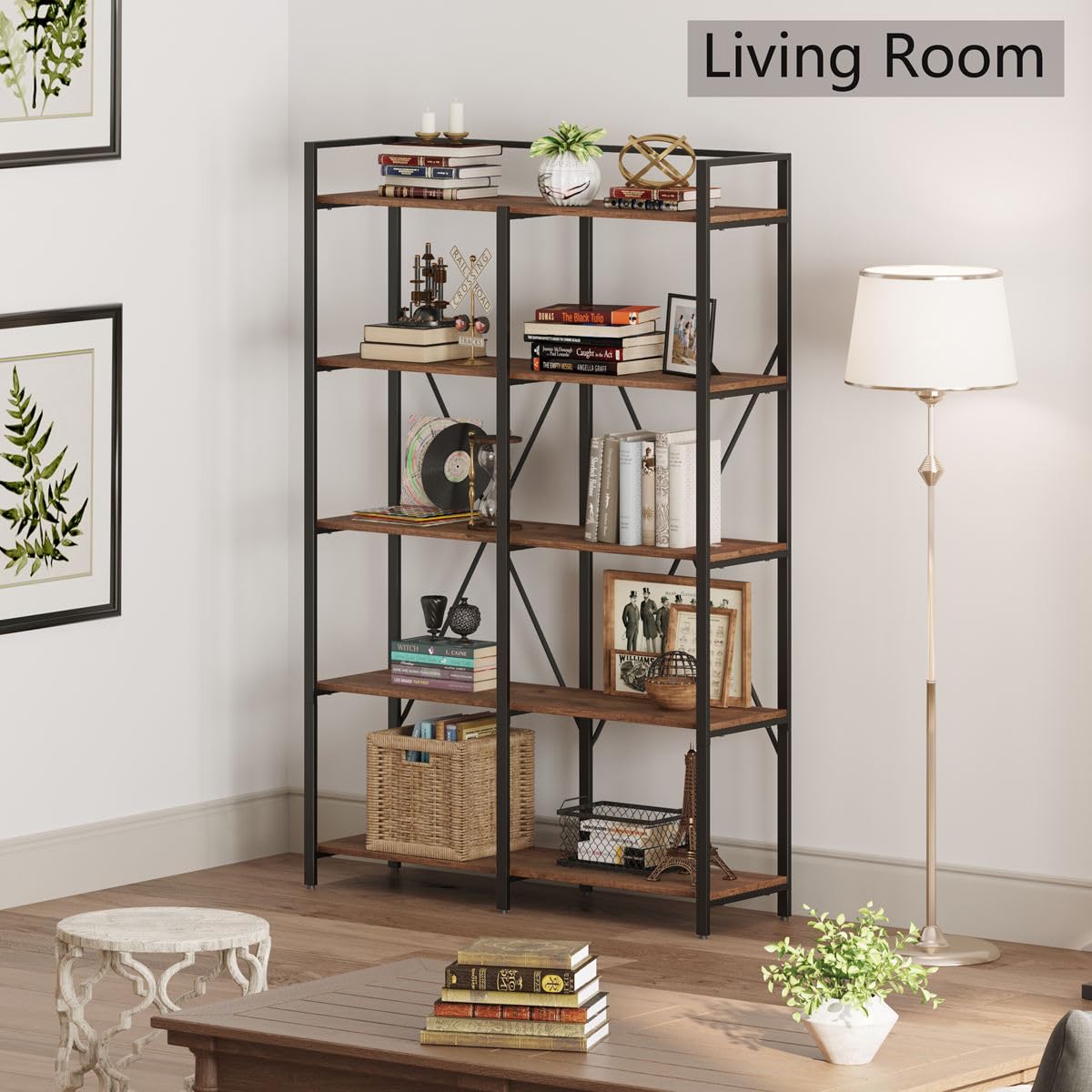 BON AUGURE Industrial Bookshelf, Bookcases and Bookshelves Etagere, Tall Large Farmhouse Book Shelves, 5 Tier Open Bookcase, Wood Metal Shelving Unit for Bedroom, Office (Rustic Oak) BON AUGURE