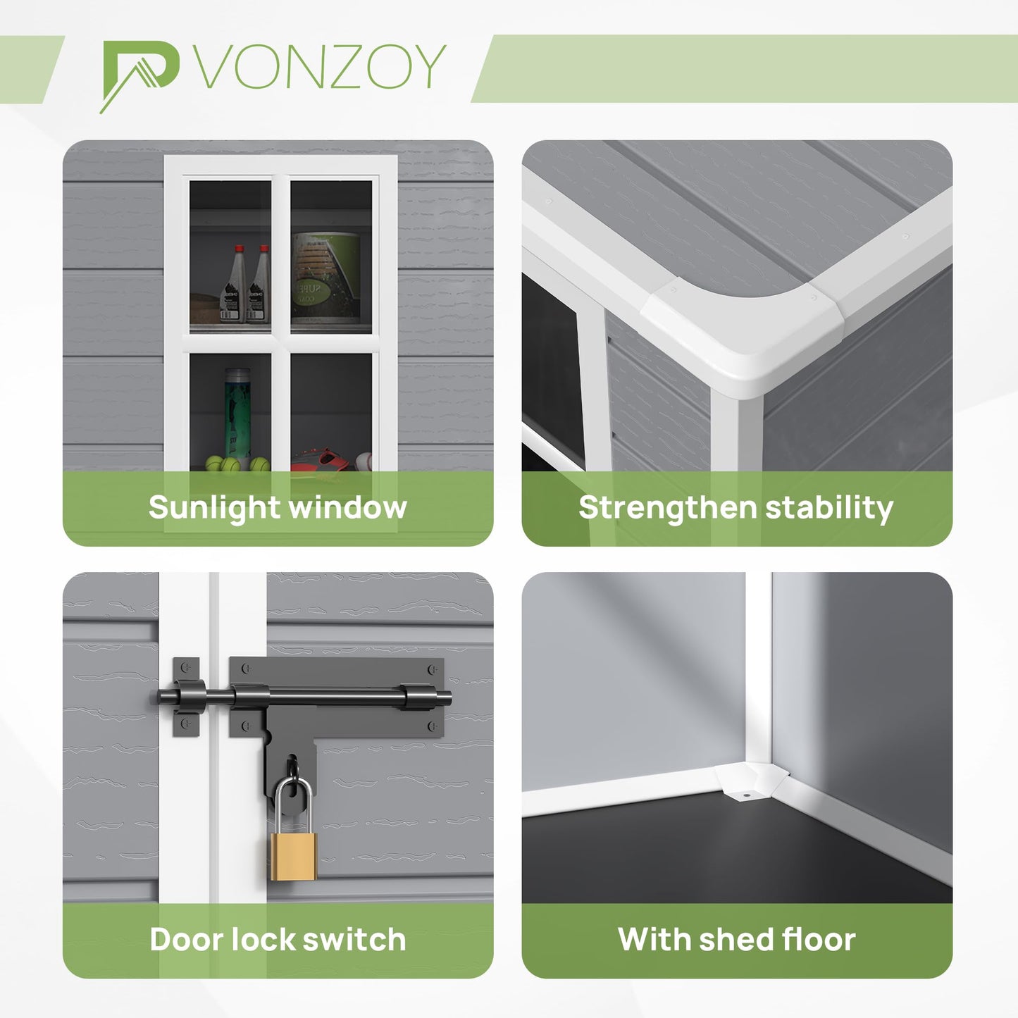 VONZOY Outdoor Resin Storage Shed, 5x3FT Plastic Storage Sheds with Floor, Lockable Door, Window, Waterproof Tool Sheds & Outdoor Storage Outside for Bike, Garbage Can,Garden, Grey White