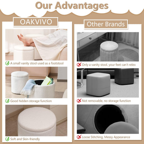 oakvivo Round Ottoman Foot Stool with Storage Set of 2, Storage Ottoman with Removable Lid, Soft Teddy Velvet Upholstered Footstool, Vanity Stool for Makeup, Foot Rest for Living Room, Bedroom, White oakvivo