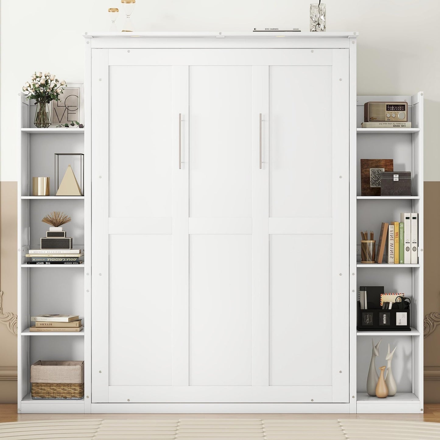 SOFTSEA Full-Size Murphy Bed Wardrobe with Shelves & LED Lights, Space-Saving Wood Frame in White - WoodArtSupply