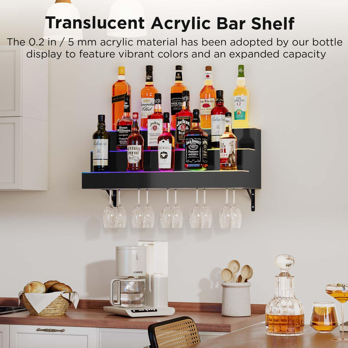 Dethan 3 Tier 30 Inch LED Lighted Liquor Bottle Display Shelf - Wall-Mounted Wine Rack with Multi-Color App & Wireless Remote Control, Adjustable Brightness & Sound Modes, Acrylic Bar Shelves Displays Dethan