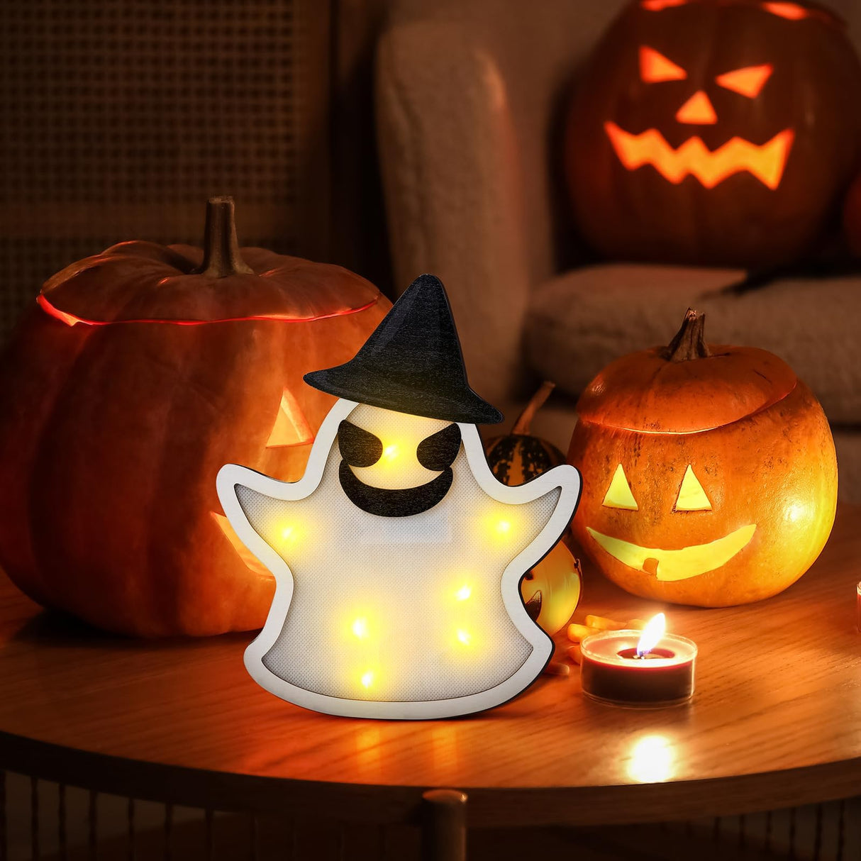 Halloween Tree Topper 15 Inches Pumpkin Skull Ghost Tree Topper Wood Tree Ornament Tree Star with LED Light Halloween Christmas Tree Ornaments for Halloween Party YLOLUL