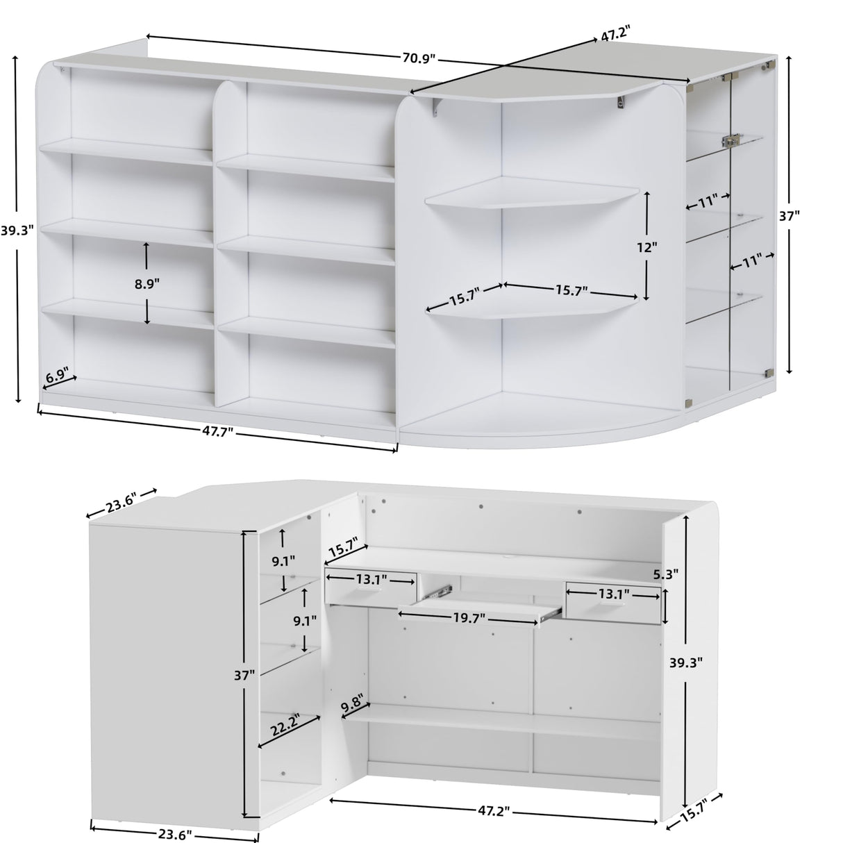 SDMY L-Shaped Reception Desk with 2 Drawers & Open Shelves,Retail Counter Front Desk Reception Counter with Transparent Display Case,Countertop,for Checkout,Lobby,Shop (70.9”W x 47.7”D x 39.3”H) SDMY