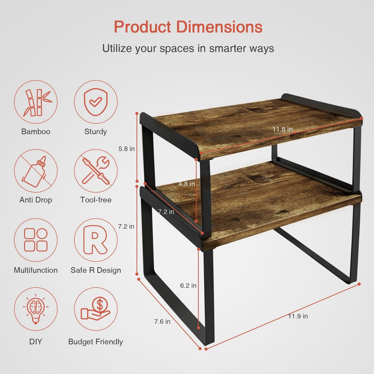 Goozii Kitchen Cabinet Organizers and Storage Shelves, Rustic Farmhouse Desk Shelf Riser for Cabinets, Black Expandable Corner Glasses Medicine Cabinet Organizer under Bathroom Sink - Set of 4 Goozii