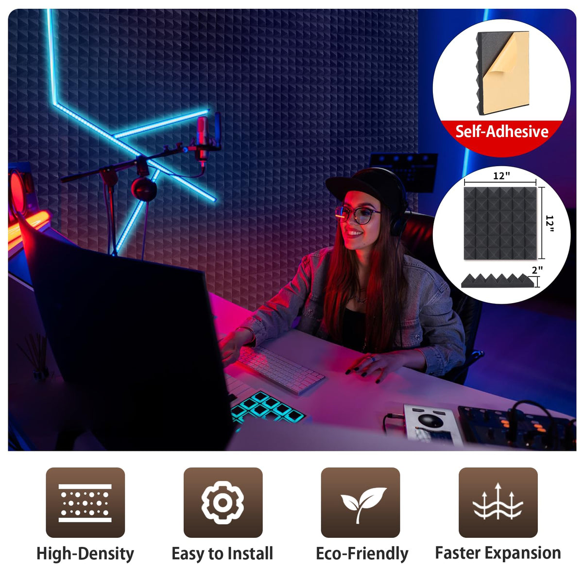 AUSLET 36 Pack Sound Proof Foam Panels for Walls 12" X 12" X 2" Pyramid Acoustic Foam Panels with Self-Adhesive High Density Soundproof Wall Panels for Studio and Home AUSLET