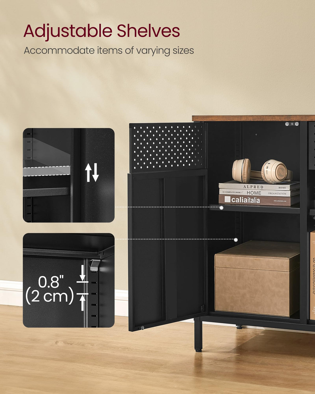 SONGMICS Storage Cabinet, Metal Cabinet, Sideboard with 2 Doors, Magnetic Closure, Adjustable Shelves, Steel Frame, Rustic Brown and Matte Black ULSC204B01 SONGMICS