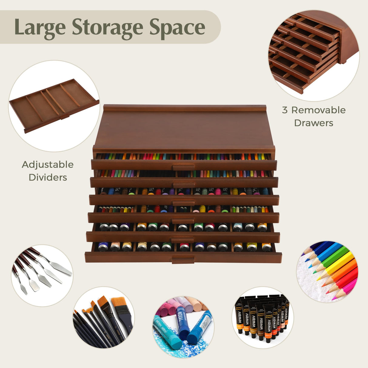 VISWIN 6-Drawer Art Supply Storage Organizer, Beech Wood Artist Storage Box with Removable Dividers, Portable Art Box for Paints, Brushes, Pencils, Pens, Pastels - Walnut VISWIN