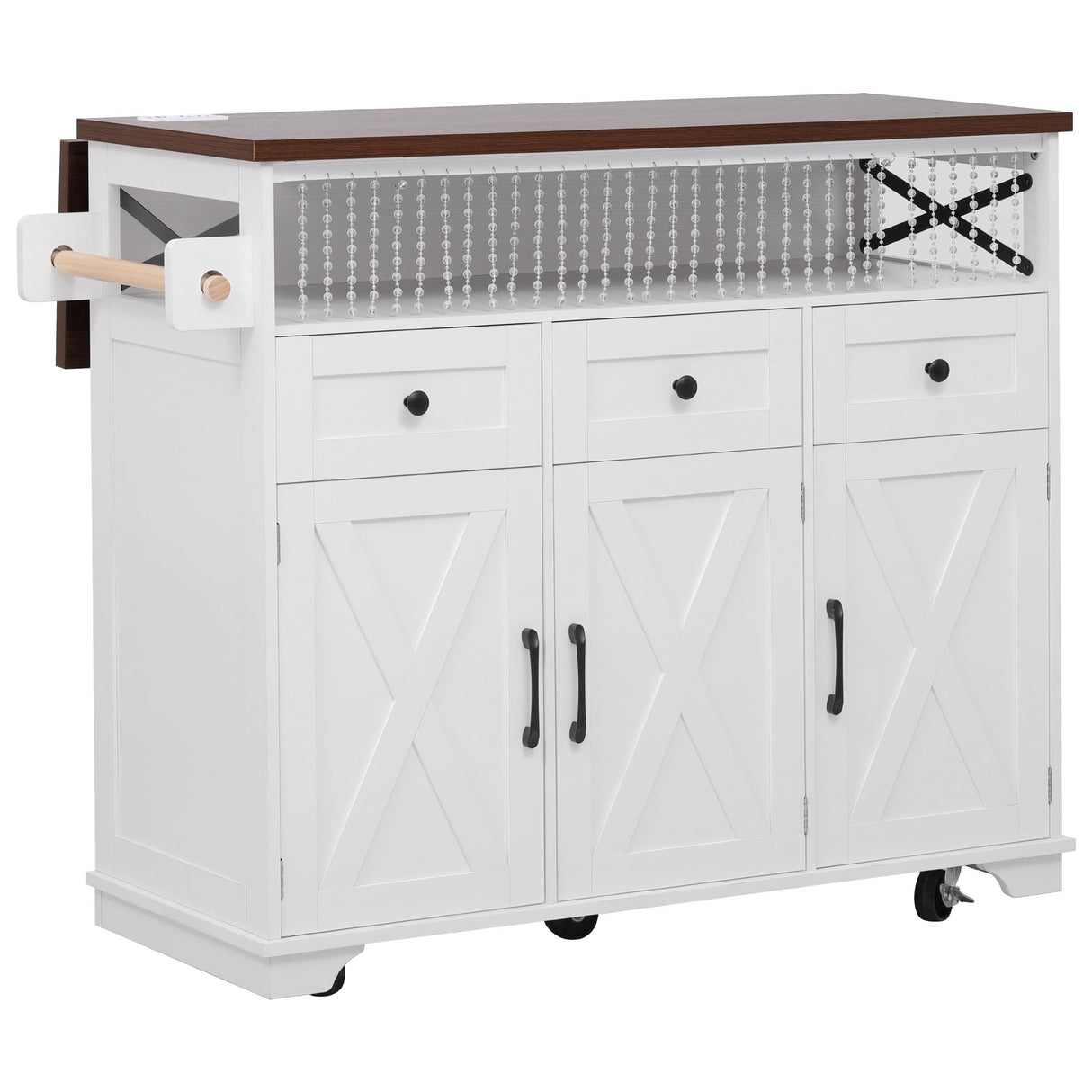 Bellemave 46.5" Farmhouse Kitchen Island cart with Charging Station and with Drape of Beads, Rolling Kitchen Island Table with Drop-Leaf, 3 Drawers, White Bellemave