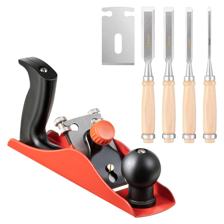 Dreyoo 1Pack No. 4 Adjustable Wooden Hand Plane with 2 Inch Blade & 4PCs 9.5in Wood Chisel for Woodworking with Cap, CR V Steel Beveled Edge Blade Chisel, Professional Carpenter Tools for Woodworking Dreyoo