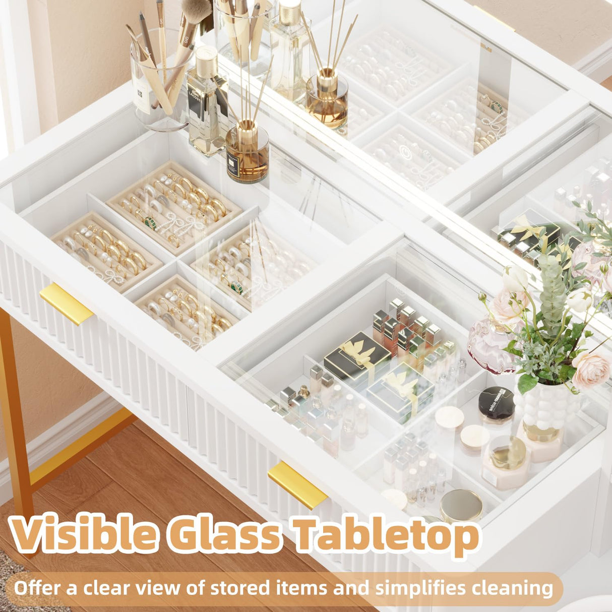 EROMMY 48" Fluted Makeup Vanity Desk with 36" Large Mirror and Lights, Big Vanity Table with 5 Drawers, 3 Storage Shelves and Charging Station, Modern Glass Top Dressing Table Set for Bedroom EROMMY