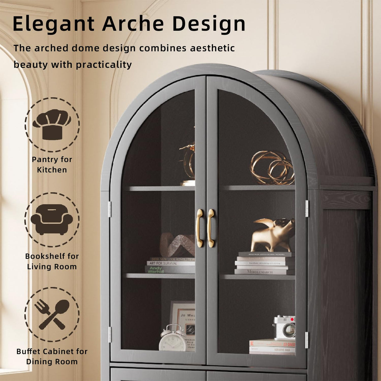 70.9'' Tall Arched Display Cabinet with Acrylic Glass Doors, Modern 5-Tier Arched Bookcase, Kitchen Pantry Storage Cabinet Curio Cabinets for Living Dining Room (Black, 31.5‘’W) Lxsxlome