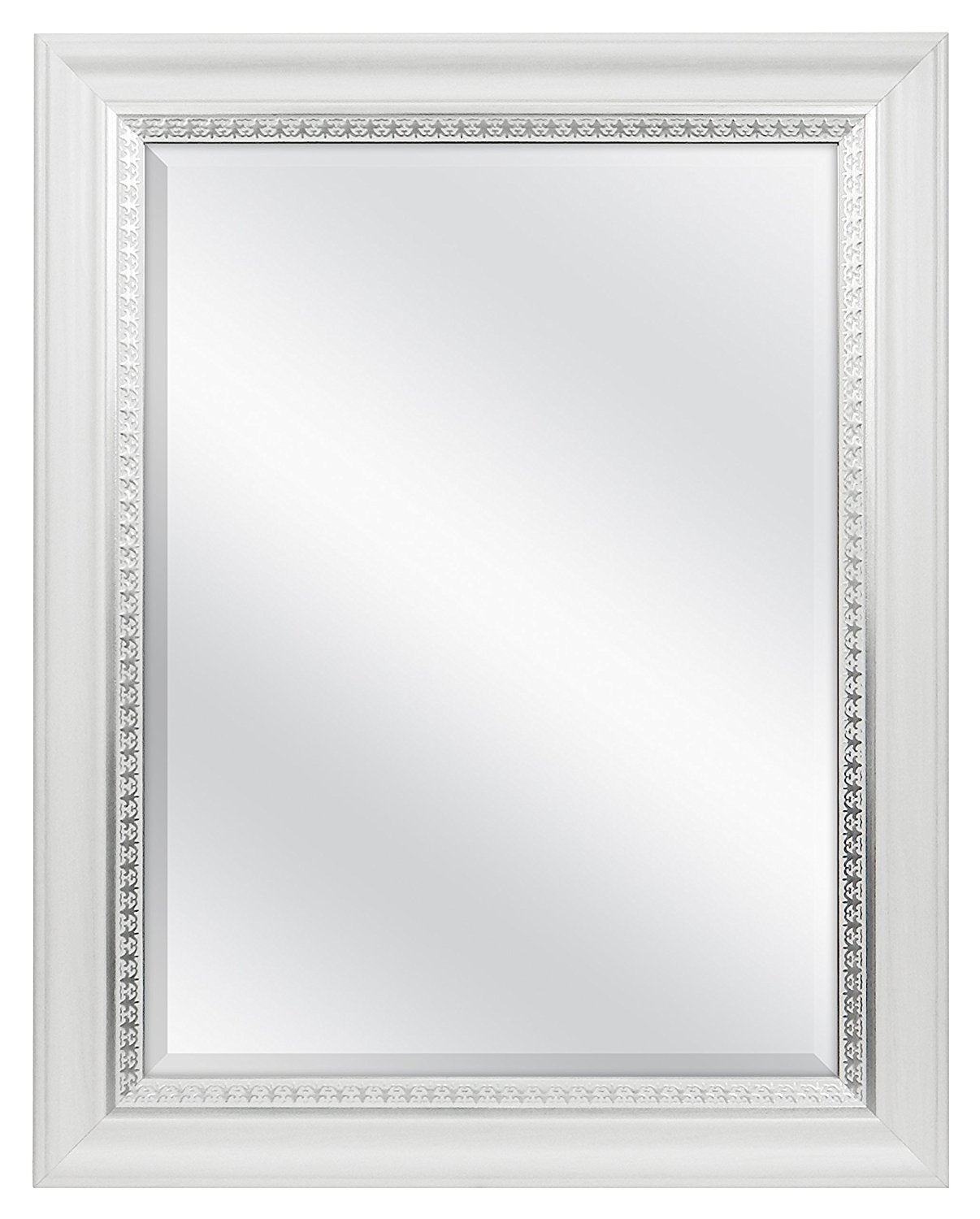 MCS 23x29 Large Wall Mirror, White Woodgrained Frame with Silver Embossed Detail & Beveled Detail Mirror, Vertical & Horizontal Wall Hanging Mirror for Bathroom, Bedroom & Livingroom MCS