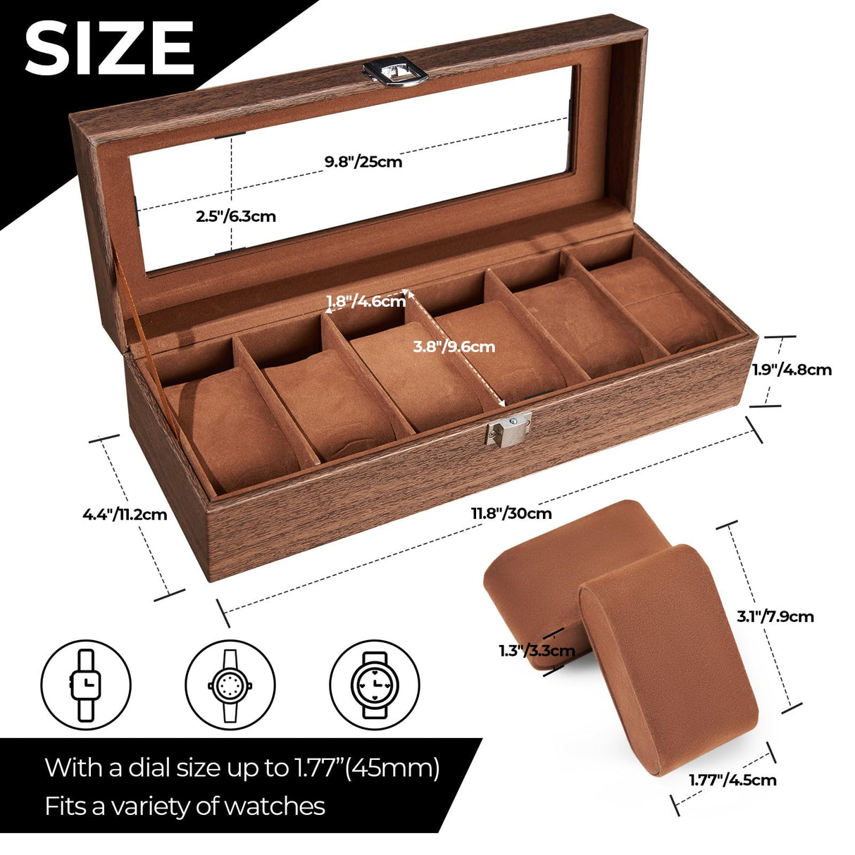 Ohuhu Watch Case, Watch Organizer for Men Wood Grain PU Leather - 6 Slot Watch Holder Real Glass Lid Jewelry Organizer Storage Soft Velvet Watch Display Case for Women Men Birthday Fathers Day Ohuhu