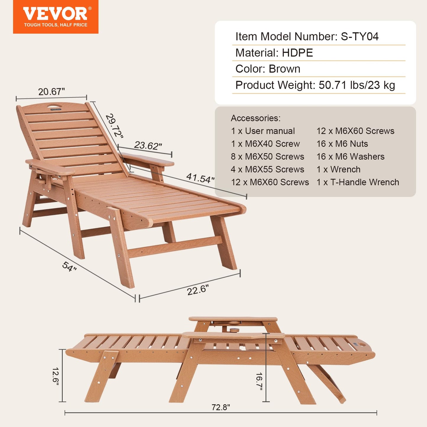 VEVOR Chaise Lounge Chair, 450 lbs Weight Capacity, Adjustable Patio Lounge Chair for Outdoor with 6 Positions Backrest, HDPE Lounge Chair with Cup Holder for Pool Poolside Deck Backyard Lawn, Brown