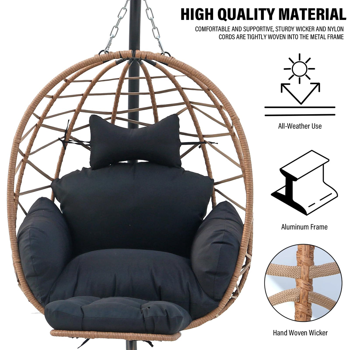 Hanging Egg Chair with Stand & Leg Rest,Rattan Wicker Swing Chair with Cushion, Patio Basket Hanging Chair Wicker Hammock Chair for Indoor Outdoor Bedroom Garden,300LBS (Yellow Rattan&Black Cushion) FKSLIFE