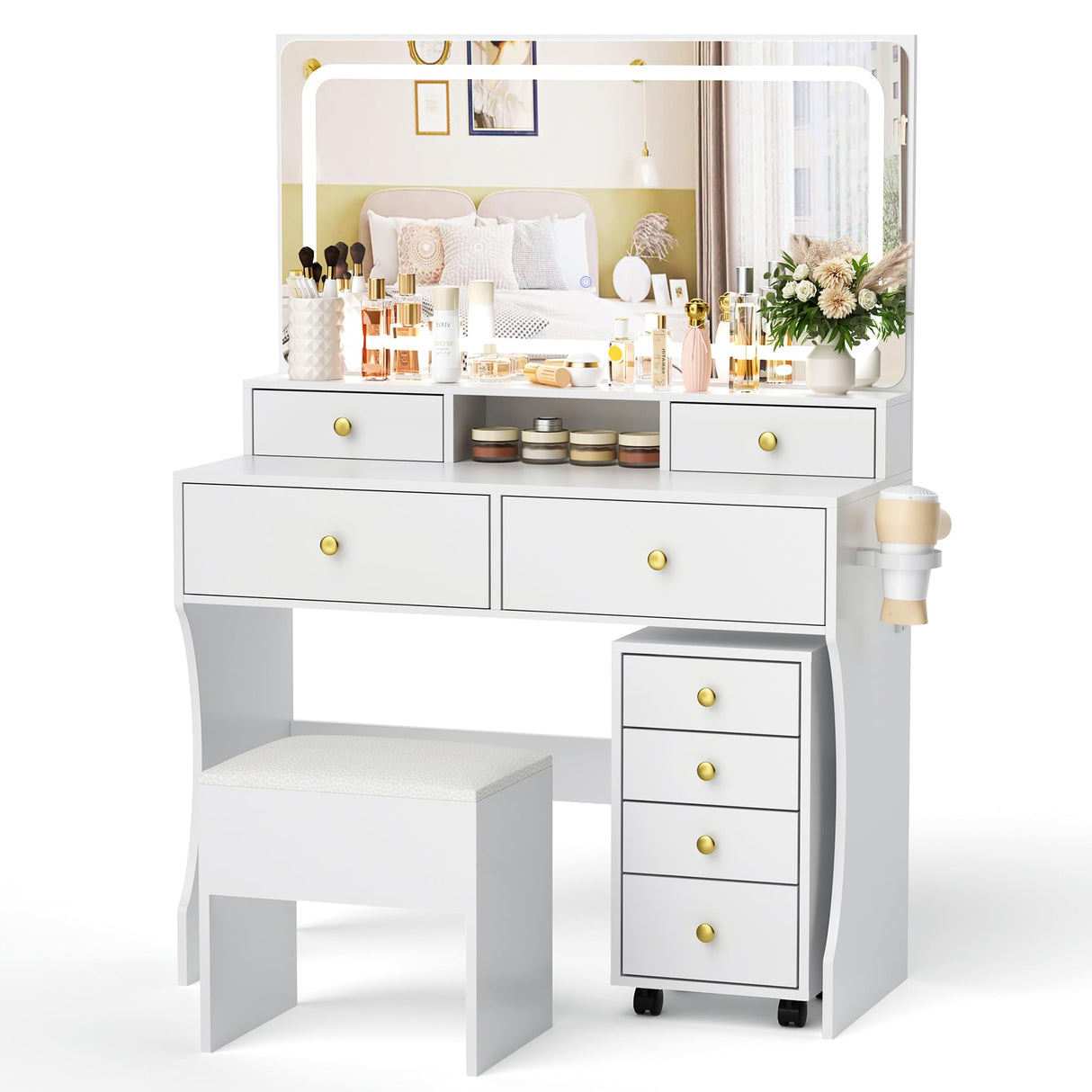 Pamapic Vanity Desk with File Cabinet, 8 Drawers Makeup Vanity with Mirror and Lights,3 Lighting Modes Dressing Table with Chair, Power Outlet, Silent Slides, White Pamapic