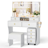Pamapic Vanity Desk with File Cabinet, 8 Drawers Makeup Vanity with Mirror and Lights,3 Lighting Modes Dressing Table with Chair, Power Outlet, Silent Slides, White Pamapic