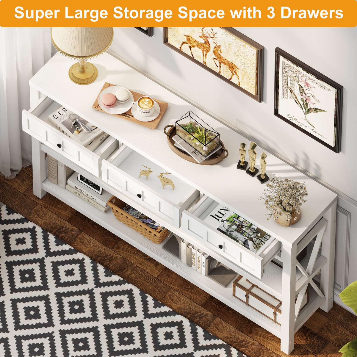 FATORRI Rustic Wood and Metal Console Table with 3 Drawers for Entryway and Living Room - White Oak FATORRI