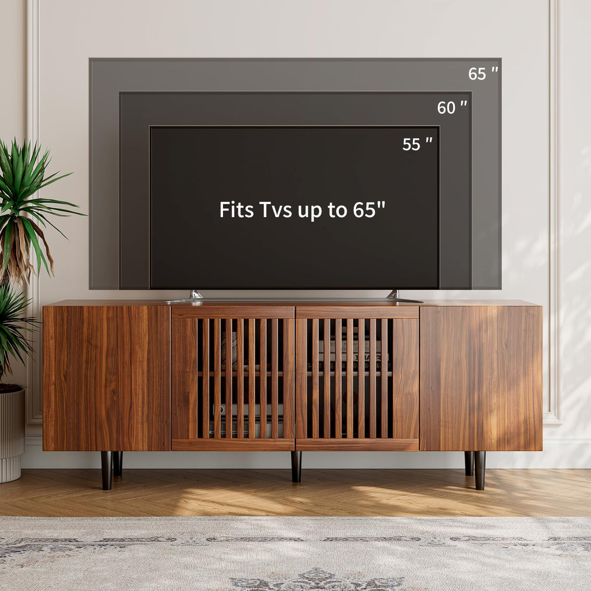 ROMMAK Boho TV Stand for 55-65 Inch TV, 4 Doors, Entertainment Center with Adjustable Shelf, TV Console with 4 Cabinets, Media Console, Solid Wood Feet, Cord Holes for Living Room, Bedroom, Walnut ROMMAK