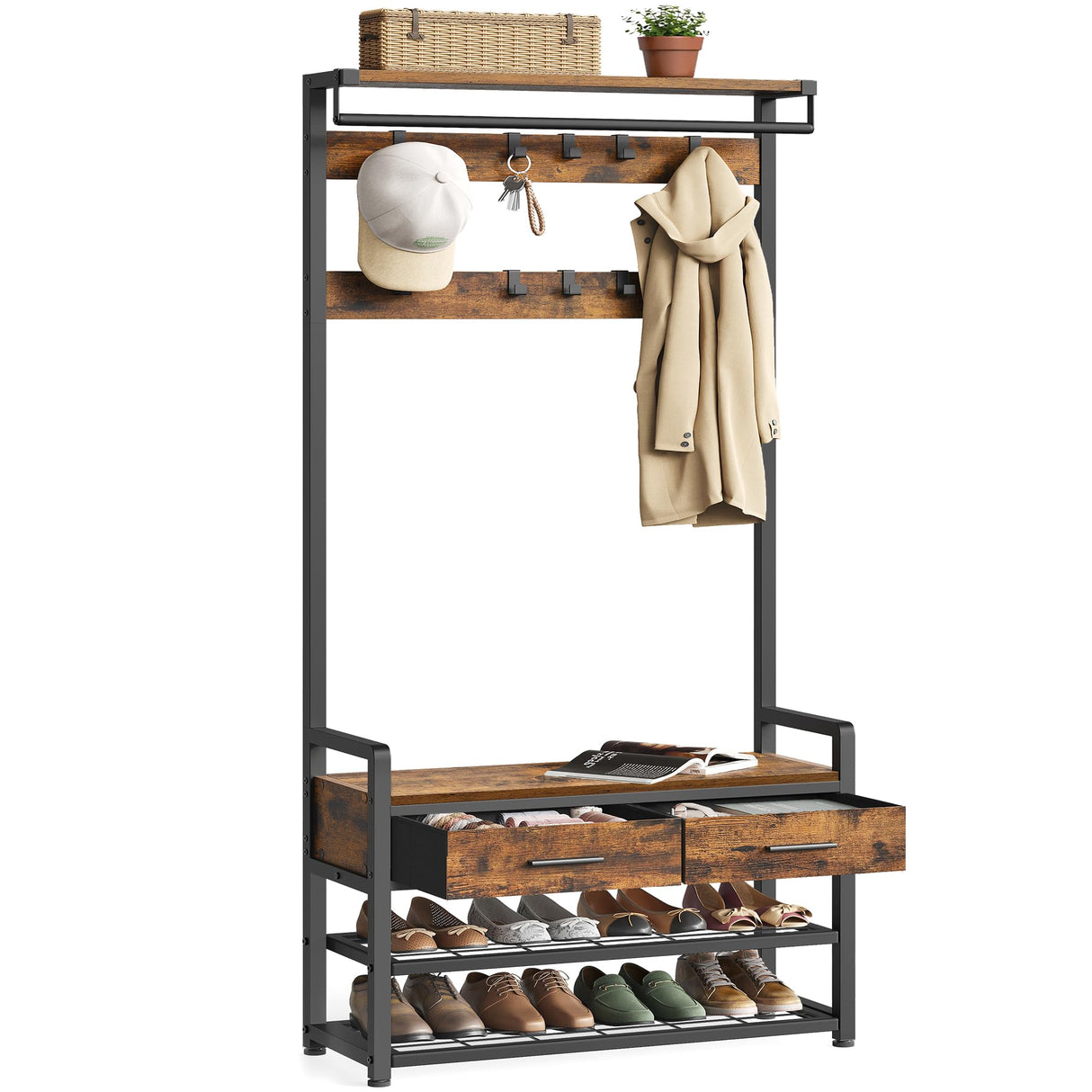 VASAGLE Hall Tree with Bench and Shoe Storage, Entryway Coat Rack with Shoe Bench, 2 Fabric Drawers, 10 Hooks, 11.8 x 31.7 x 71.5 Inches, Vintage Brown and Ink Black UHSR429B01 VASAGLE