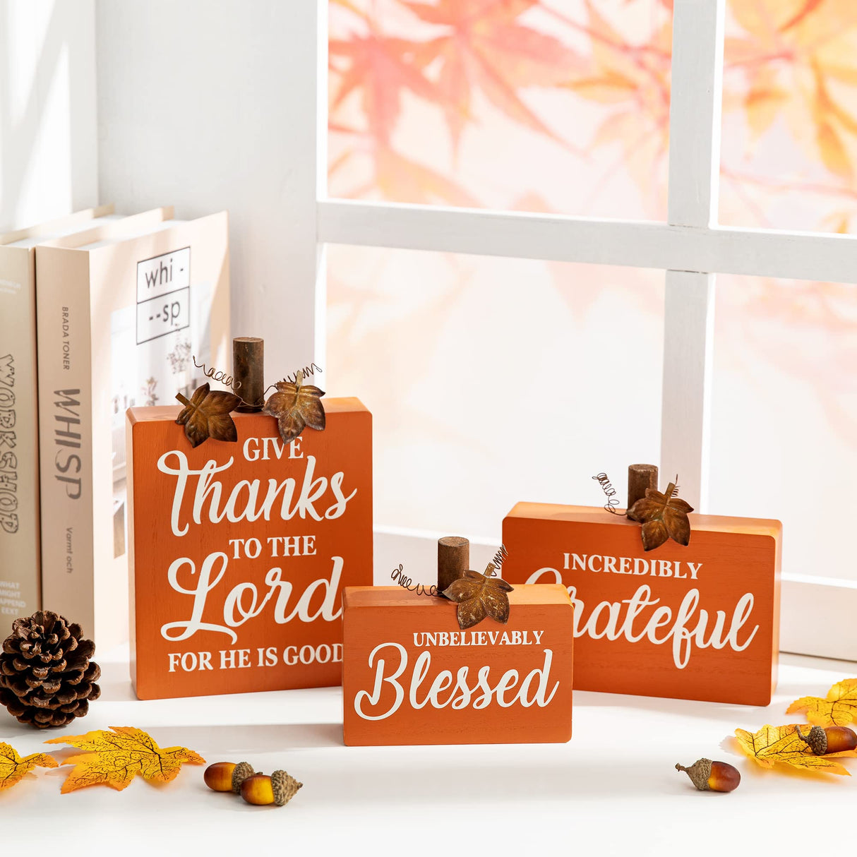 Glitzhome 3 Pack Fall Wooden Table Signs Farmhouse Thanksgiving Signs Blocks for Table Decorations Give Thanks to The Lord Thanksful Grateful Blessed Centerpiece Table top Signs for Tiered Tray Decor Glitzhome