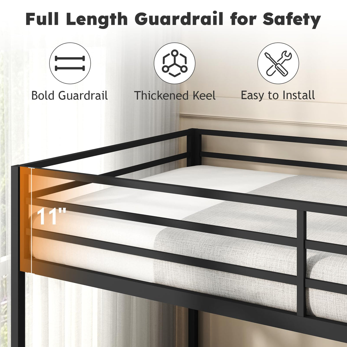 Zevemomo Low Twin Over Twin Bunk Bed for Kids, Metal Bed Frame with Built-in Ladder, High Top Protect, Floor Bed Bottom Bunk, Space Saving, No Boxing Spring Needed, Black Zevemomo