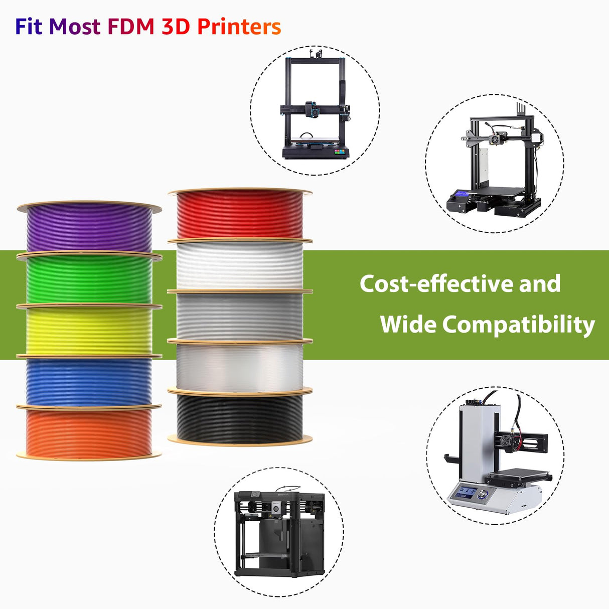 dikale PLA Pro 3D Printer Filament 10 Packs, 1.75mm No Tangle, Each Spool Net Weight 1KG, in Total 10KG Bundles, Black+White+Grey+Clear+Blue+Green+Orange+Red+Yellow+Purple dikale