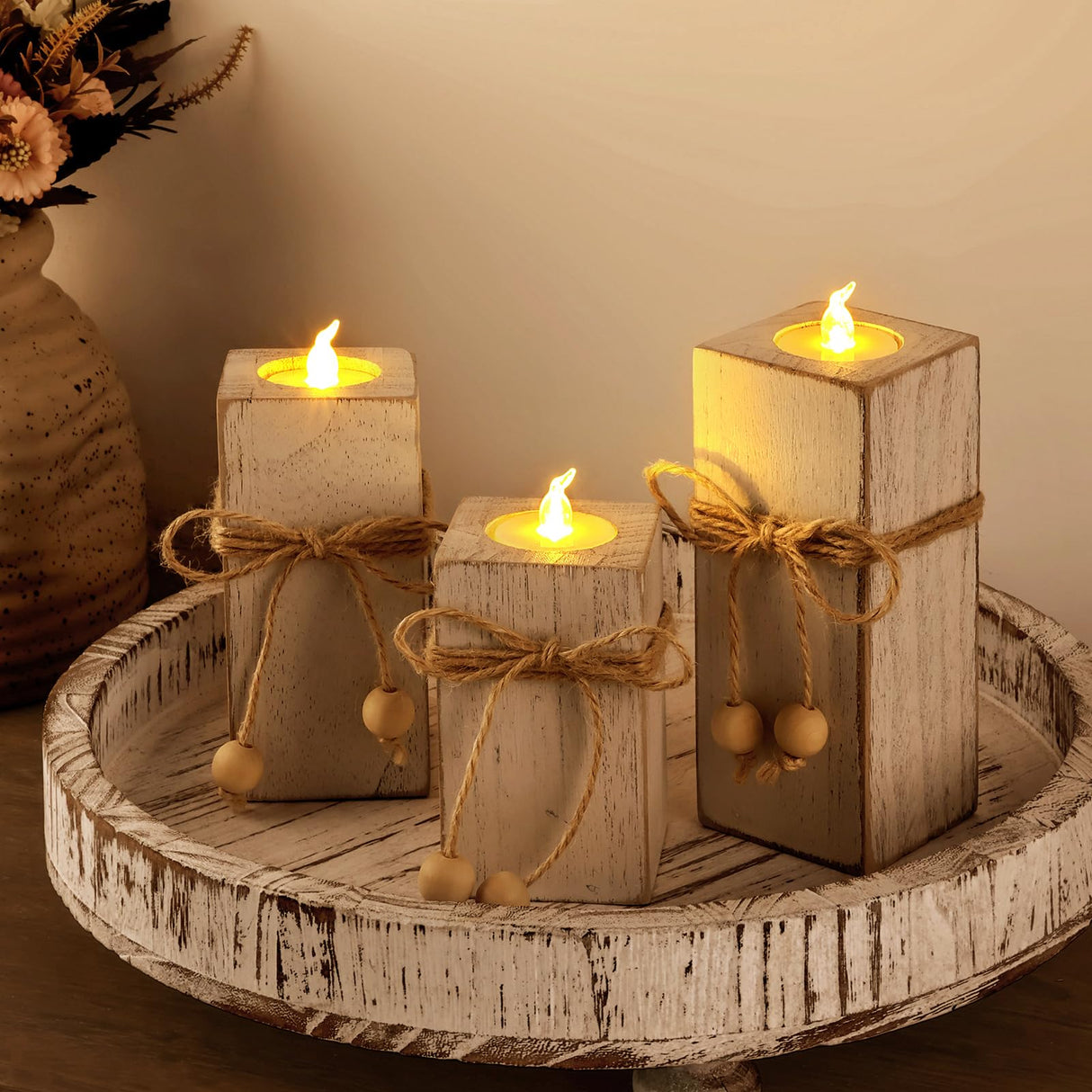 MelonBoat Rustic Flameless LED Candles 3-Pack, Battery Operated Candles with Wooden Candle Holders, White Rustic Farmhouse Decor, Farmhouse Candle Holder for Valentines Holiday Party Home Decor MelonBoat